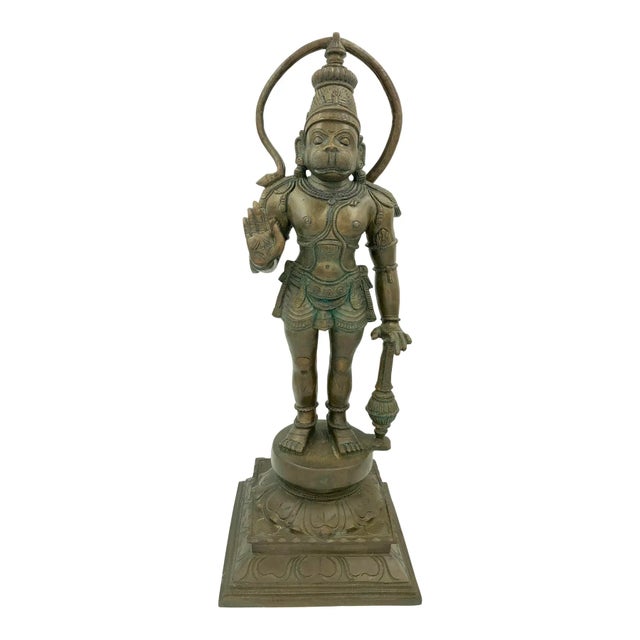 Mid Century Chola Style Revival Hanuman Bronze Statue Hindu Ramayana India South Indian Vintage For Sale - Image 12 of 12