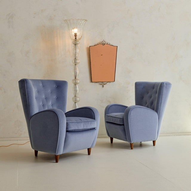 Mid 20th Century Italian Cornflower Blue Velvet Lounge Chair in the Manner of Paolo Buffa, 1950s For Sale - Image 5 of 11