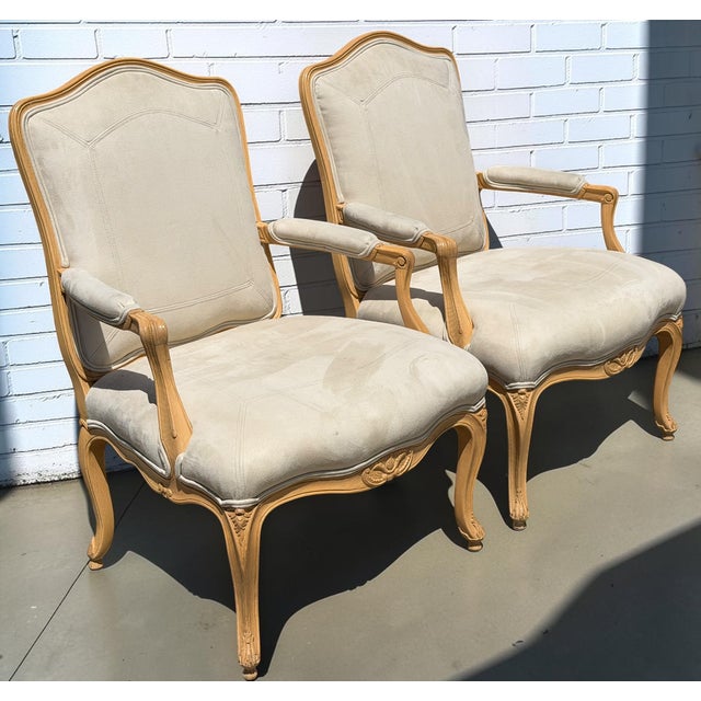 J. Robert Scott Pair of J. Robert Scott Villa Fauteul Suede Leather Arm Chairs For Sale - Image 4 of 7