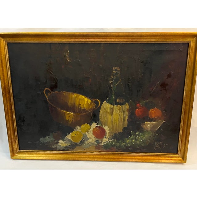 Boho Chic Vintage Jan Bevort Oil on Canvas Still Life With Chianti Bottle For Sale - Image 3 of 11