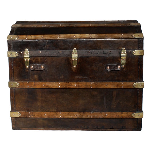 Antique Dome-Topped Leather-Bound Steamer Trunk, 1860s For Sale