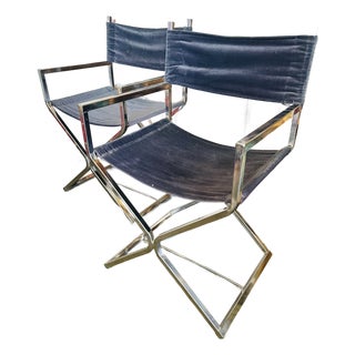 Mid Century Chrome Directors Chairs Glam Era in Black Velvet For Sale