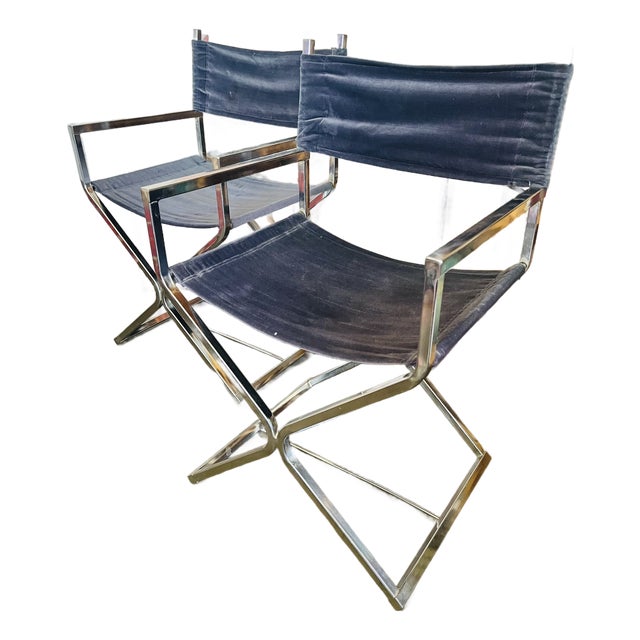 Mid Century Chrome Directors Chairs Glam Era in Black Velvet For Sale