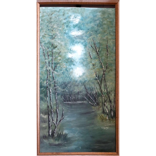 This deep green vertical landscape painting gives the impression you are in a wooded area with an impressionistic feel....