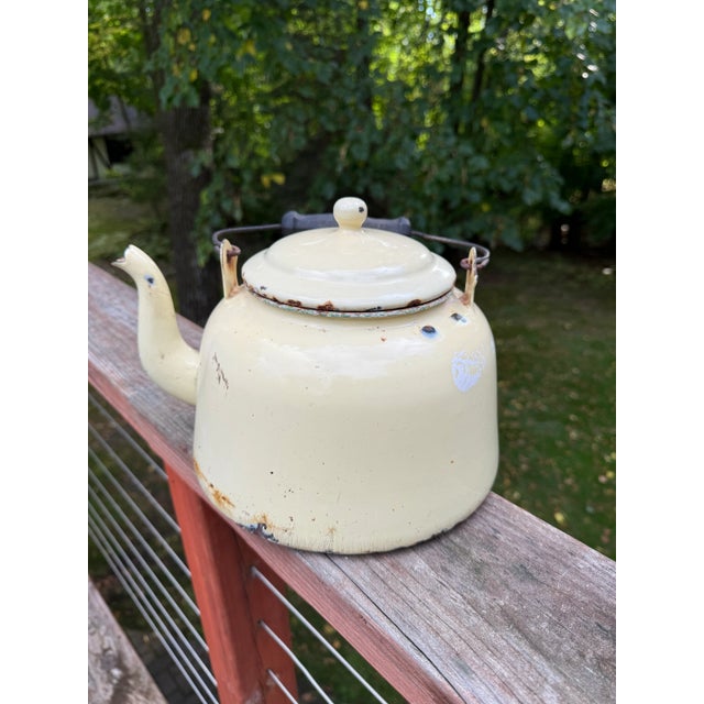 20th Century Rustic Enamel Yellow Tea Kettle Cottage Decor or Planter For Sale - Image 11 of 16