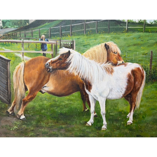 Shetland Groom Original British Equestrian Oil Painting of Two Ponies Framed For Sale - Image 12 of 14