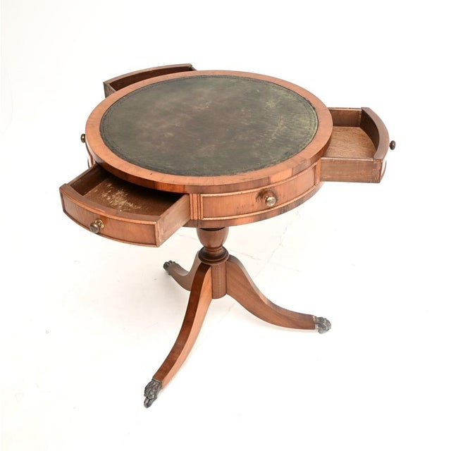 Hollywood Regency Antique Yew Wood Leather Top Drum Table, 1950s For Sale - Image 3 of 7
