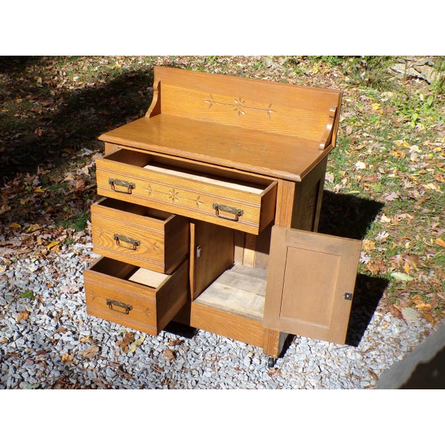 Wood Antique Oak Chest Commode Washstand Dry Sink Country Farmhouse Cabinet For Sale - Image 7 of 18