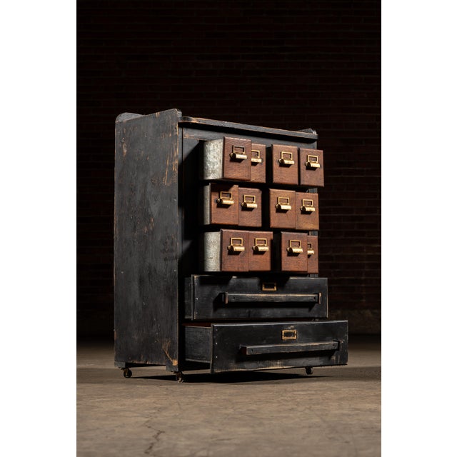 Early 20th Century Wooden 14 Drawer Rolling Shop Cabinet in Distressed Black For Sale - Image 4 of 10