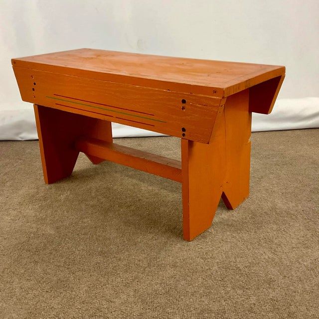 Wood 1970s Vintage Arts & Crafts Farmhouse Folk Art Painted Pine Bench For Sale - Image 7 of 11