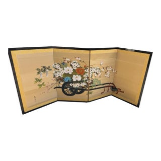 Vintage Byobu Japanese Folding Screen 4 Panel Signed Gold Leaf Silk Flower Cart For Sale