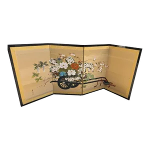 Vintage Byobu Japanese Folding Screen 4 Panel Signed Gold Silk Flower Cart