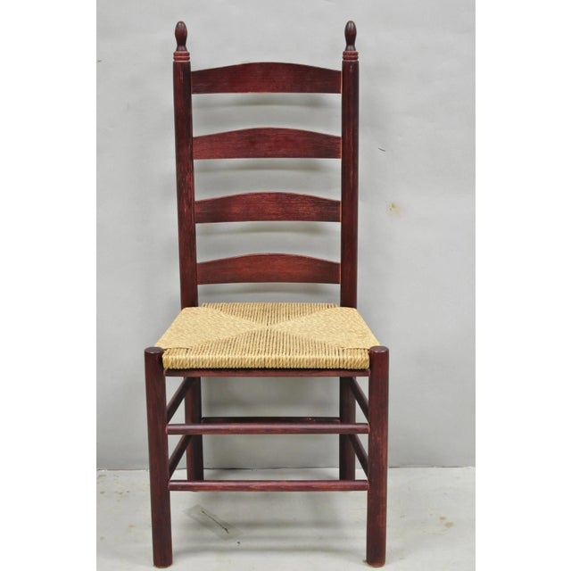 Primitive Rustic Ladder Back Solid Wood Dining Side Chairs with Red Distressed Stain and Woven Rush Seat - Set of 6. Circa...