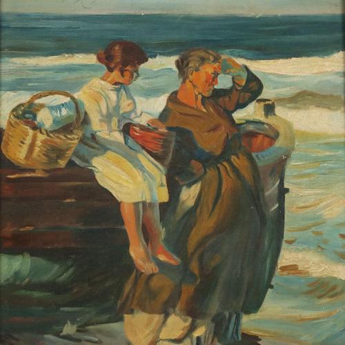 Waiting Scene on the Seaside, Oil Painting, Framed For Sale - Image 3 of 12