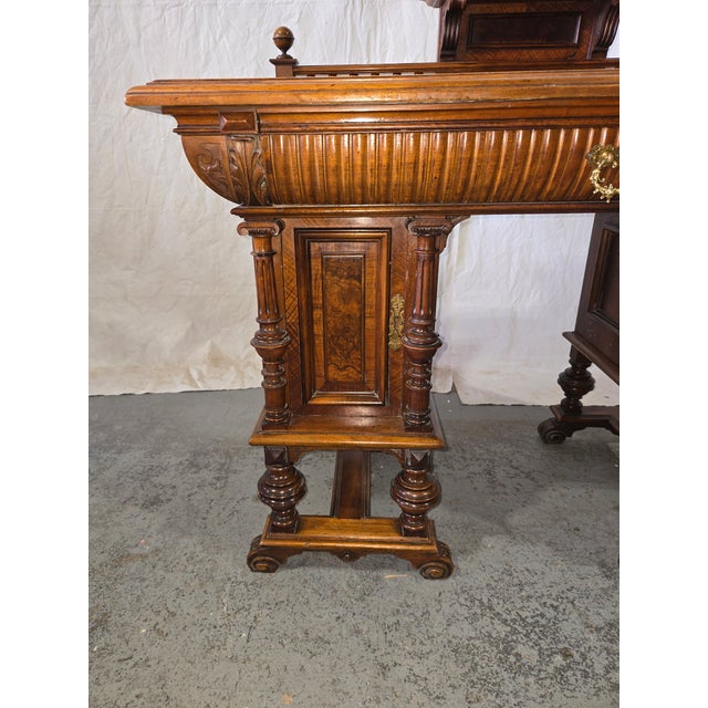 Antique Renaissance Revival Burl Walnut Writing Desk With Gallery Rail For Sale - Image 11 of 12