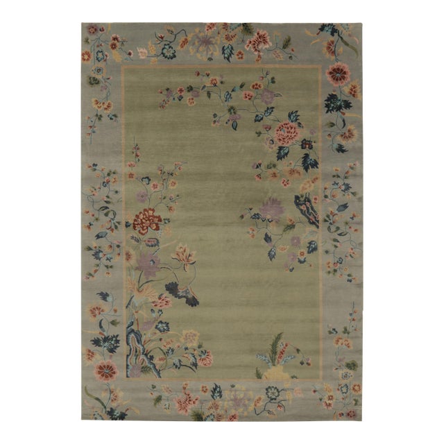 Rug & Kilim’s Chinese Art Deco Inspired Rug, Light Green With Whimsical Florals For Sale