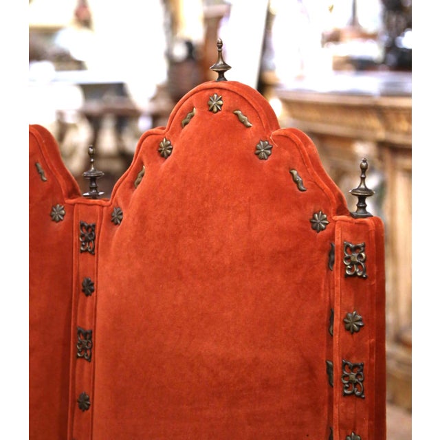 19th Century Spanish Renaissance Walnut and Velvet Three-Seat Bench For Sale - Image 4 of 12