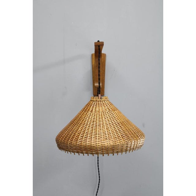Adjustable Oak and Wicker Wall Lamp, Czechoslovakia, 1970s For Sale - Image 3 of 12