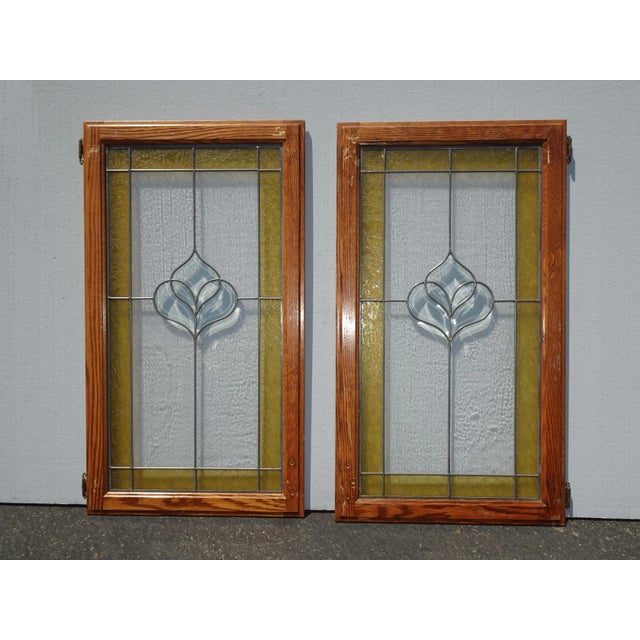 Vintage Stained Glass Doors Windows With Oak Frame & Clear Floral Center - Set of 2 For Sale - Image 4 of 12