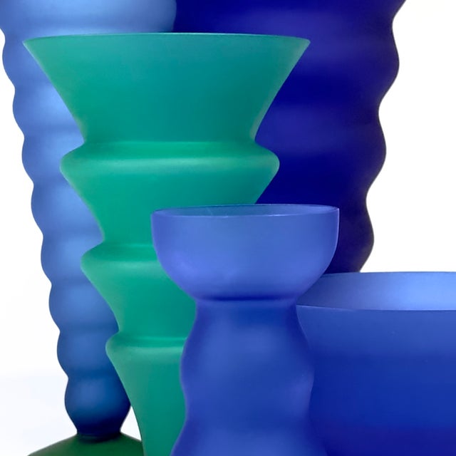 Mid-Century Modern High '80s Frosted Blue & Green Ripply Glass Vase Curation - Group of 5 For Sale - Image 3 of 13