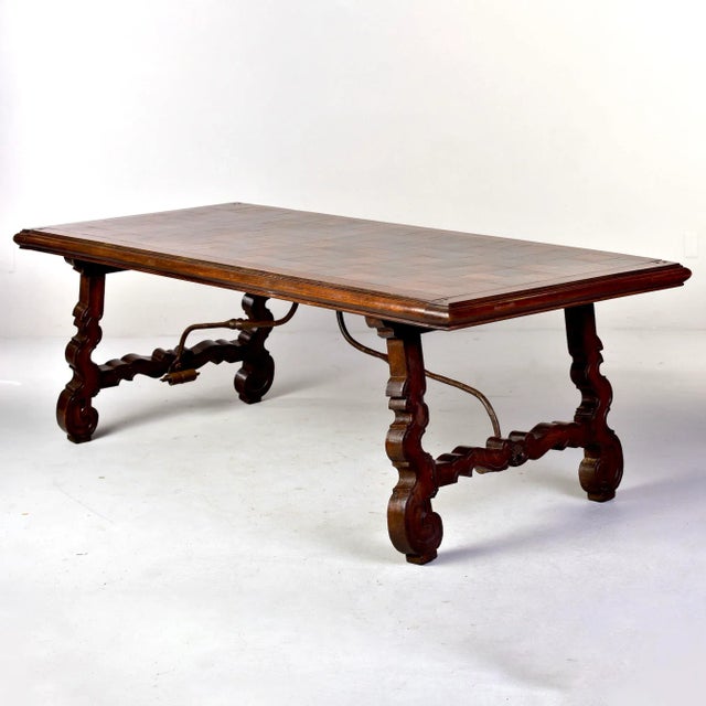 Large 19th C Spanish Walnut Table With Marquetry Top and Iron Stretcher For Sale - Image 11 of 11
