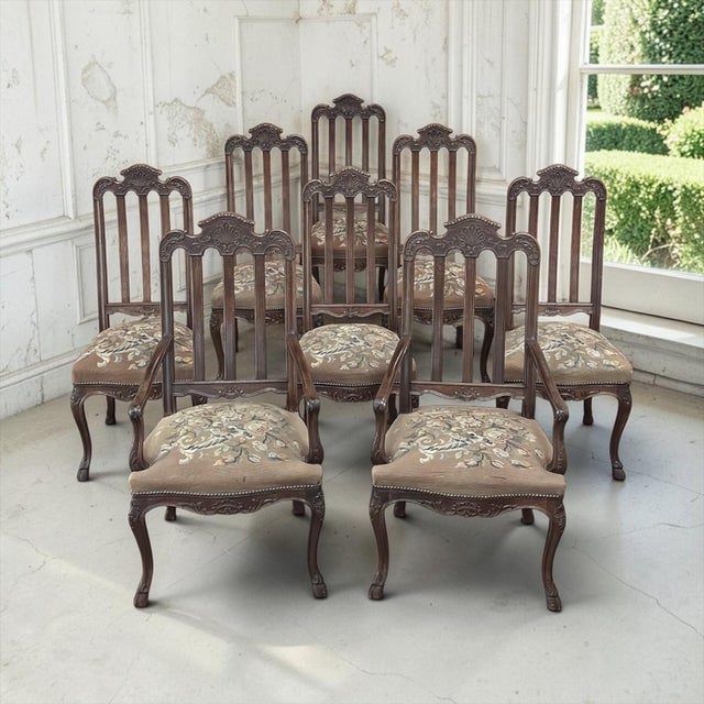Set of 8 Antique Country French Liègeois Hand Carved Oak Dining Chairs with Needlepoint Tapestry includes two armchairs,...