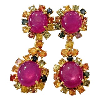 Bochic "Orient" Vintage Ruby & Multi Sapphire Earrings Set In 18K Gold & Silver For Sale