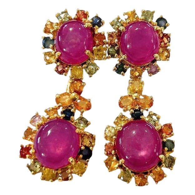 Bochic "Orient" Vintage Ruby & Multi Sapphire Earrings Set In 18K Gold & Silver For Sale