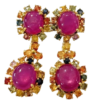 Bochic "Orient" Vintage Ruby & Multi Sapphire Earrings Set In 18K Gold & Silver