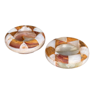 Vintage Italian Harlequin Inlaid Onyx Stone Ashtrays - A Pair
