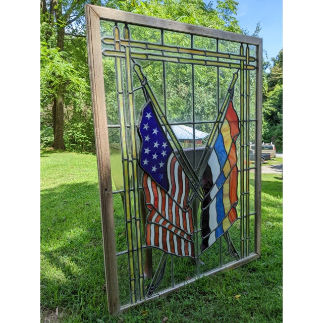 Large Vintage Stained Cathedral Glass Window Ft. Crossed Staff American Flag For Sale - Image 6 of 13