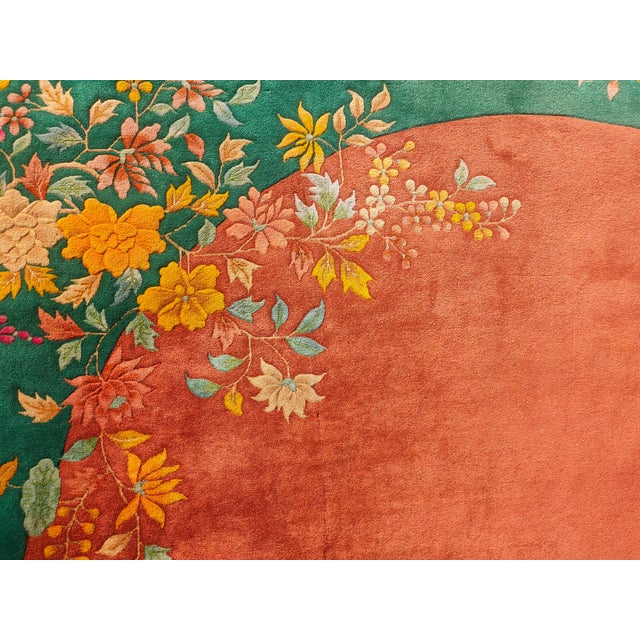 1920s Orange Floral Modern Antique Chinese Art Deco Rug 9' X 11'9" Handknotted Wool Carpet For Sale - Image 4 of 6