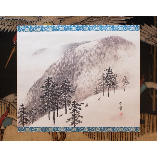 A very pretty large vintage Japanese monochrome print after watercolor painting, depicting Mountain winter landscape with...