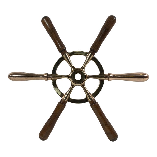 Brass Ships Wheel with Wood Handles For Sale