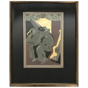 1930 G. Severini Lithograph "Polichinelle With a Book" Pochoir Gold Leaf