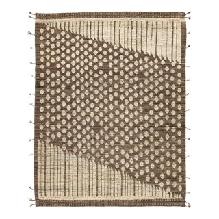 Contemporary Handmade Moroccan Style Wool Rug in Brown With Geometric Design For Sale