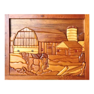 Intarsia Wood Artwork Depicting a Farm and Animals