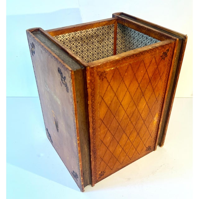Brown Leather Waste Bin Basket Depicting Books with Inner Lined Decorative Paper For Sale - Image 8 of 9
