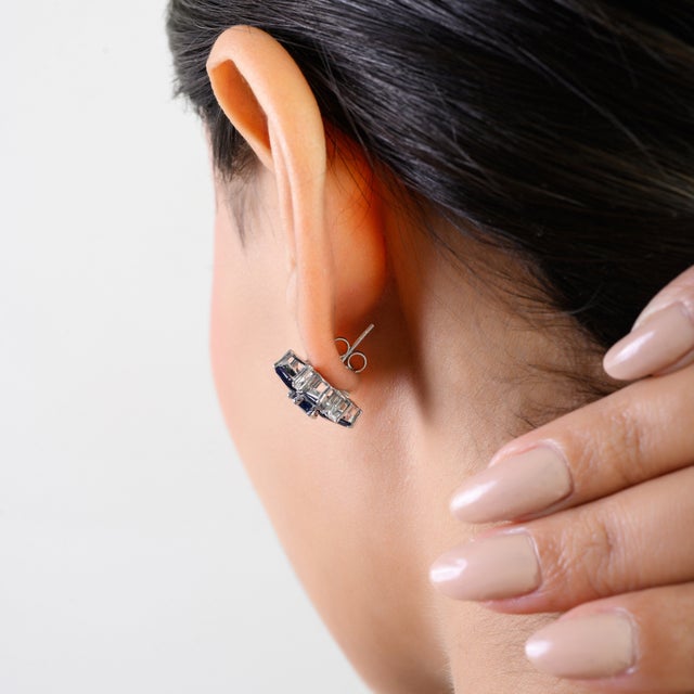 Blue Blue Sapphire & Diamond Flower Earrings in Sterling Silver- Elegant Cluster Studs- A Pair For Sale - Image 8 of 13