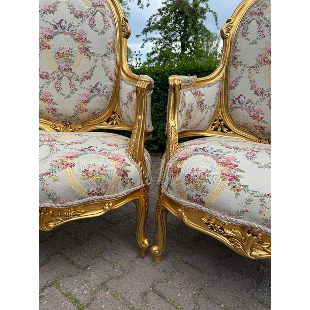 1970 French Louis XVI Gold Beech Damask Sofa Set - 3 PCS For Sale - Image 10 of 18