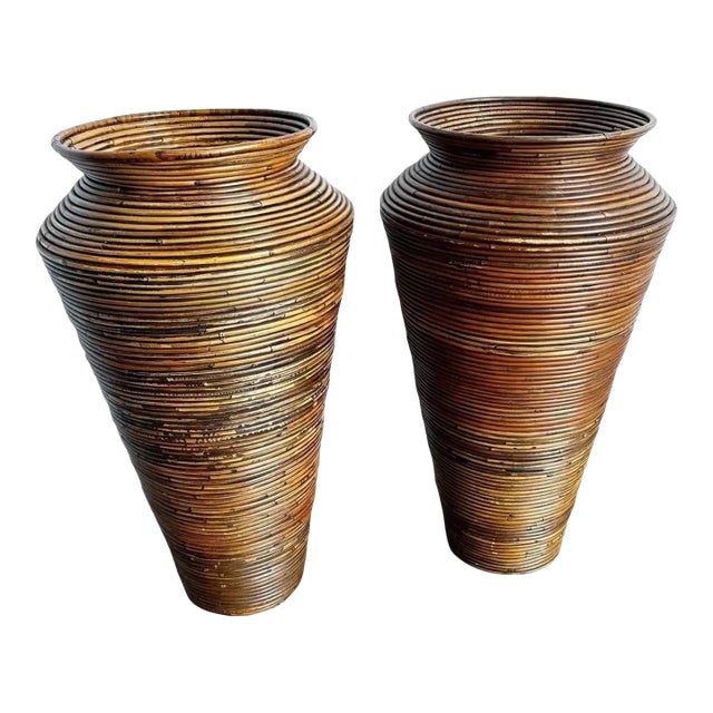 1980s Large Gabriella Crespi Style Pencil Reed Decorative Vessel/Vase Planters, A Pair For Sale