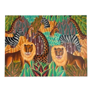 Late 20th Century Modern Folk Art Jungle Painting W Lions Zebras & Giraffes Signed For Sale