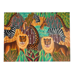 Late 20th Century Modern Folk Art Jungle Painting W Lions Zebras & Giraffes Signed
