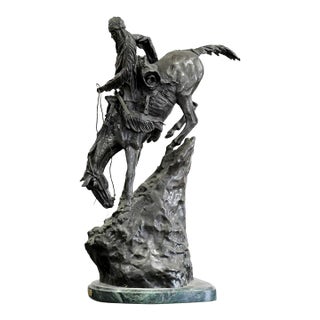 Bronze Buffalo Signal Sculpture After Frederic Remington on Marble Base For Sale
