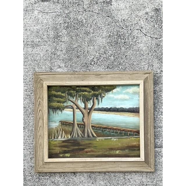 Late 20th Century Vintage Original Lakeside Oil on Canvas For Sale - Image 5 of 12