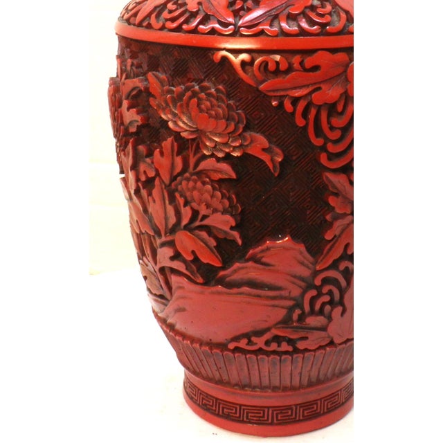 1980s 1980s Floral Cinnabar-Style MCM Asian Revival Style Molded Baluster Vase For Sale - Image 5 of 18