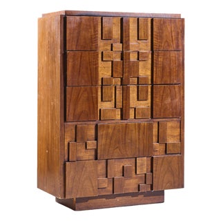 Lane Staccato Brutalist Mid Century Walnut Highboy Dresser For Sale