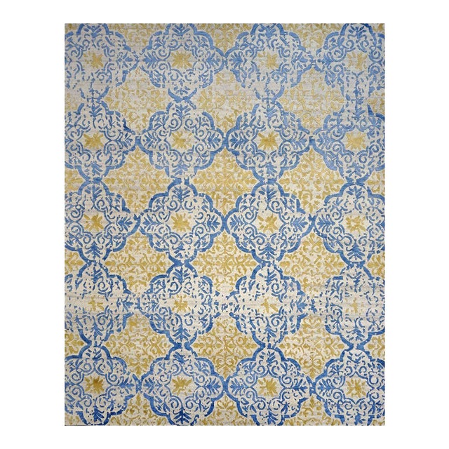 Modern Indo Nepalese Wool and Silk 8 x 10 Blue, Tan & Ivory Handmade Area Rug #1143462 For Sale