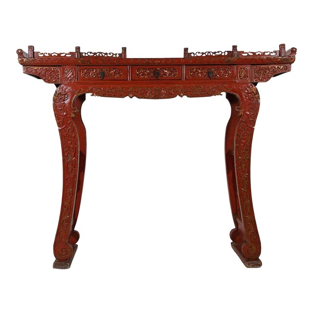 19th Century Antique Chinese Carved Red Lacquered Altar Table/Console For Sale