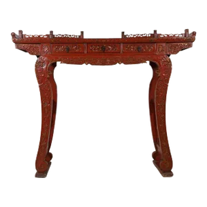 19th Century Antique Chinese Carved Red Lacquered Altar Table/Console